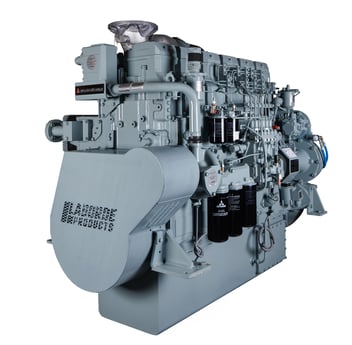 Mitsubishi S6R2 marine diesel engine on a white background, starboard side view.